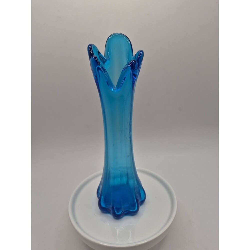 Vintage MCM Blue Swung Glass Vase 5 Finger Stretch Bud Vase Mid Century 8"